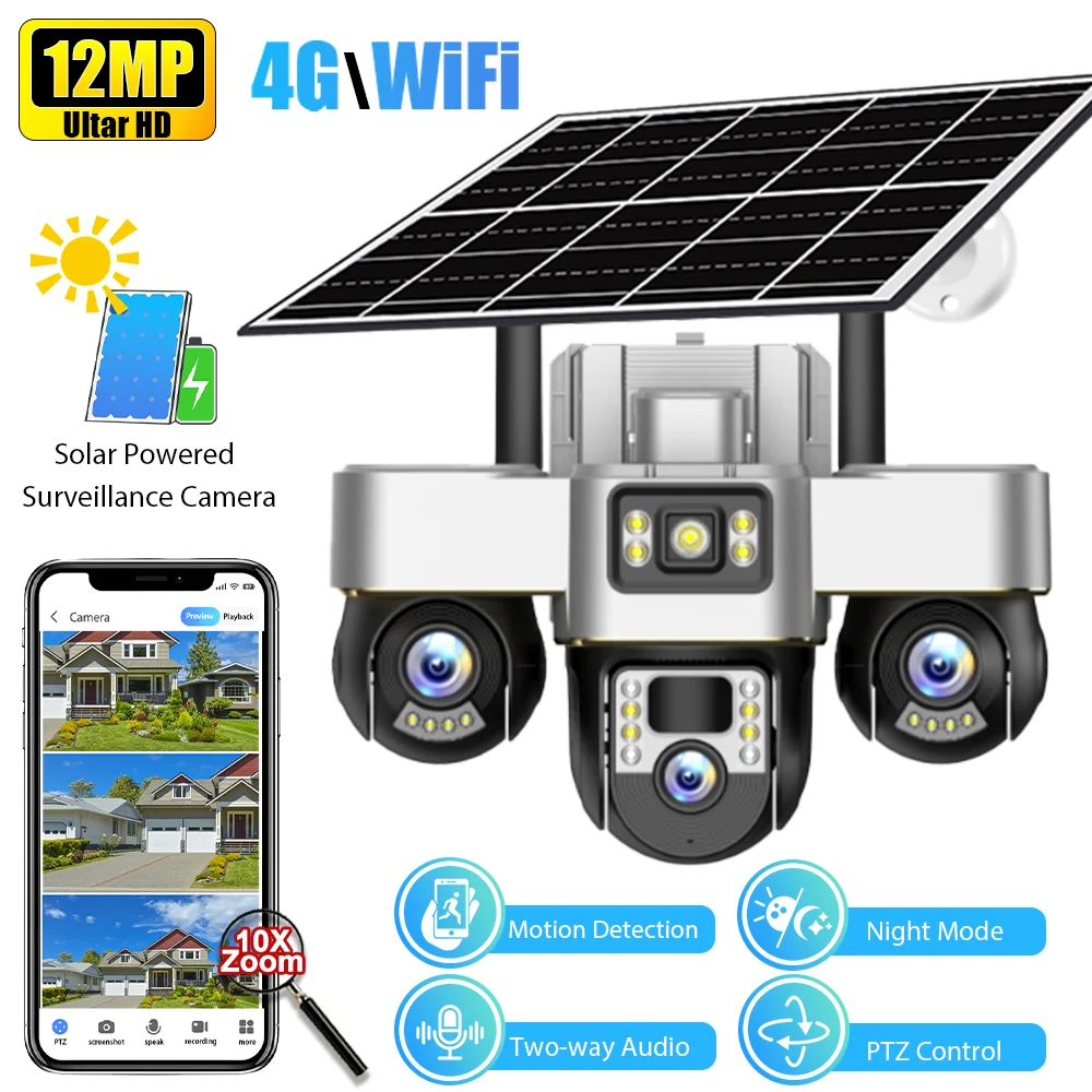 

Solar Powered 3-Lens Security Camera with Smart Night Vision, Waterproof & 12MP HD Resolution for Outdoor Surveillance Camera