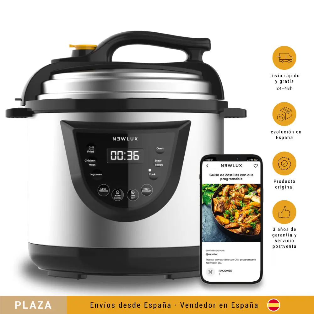 NEWLUX Olla Programable Chef Pot V110 Ollas a Presión Eléctrica, 10 Menús, 1000W, 6L, Programable 24 h, Efecto Presurización