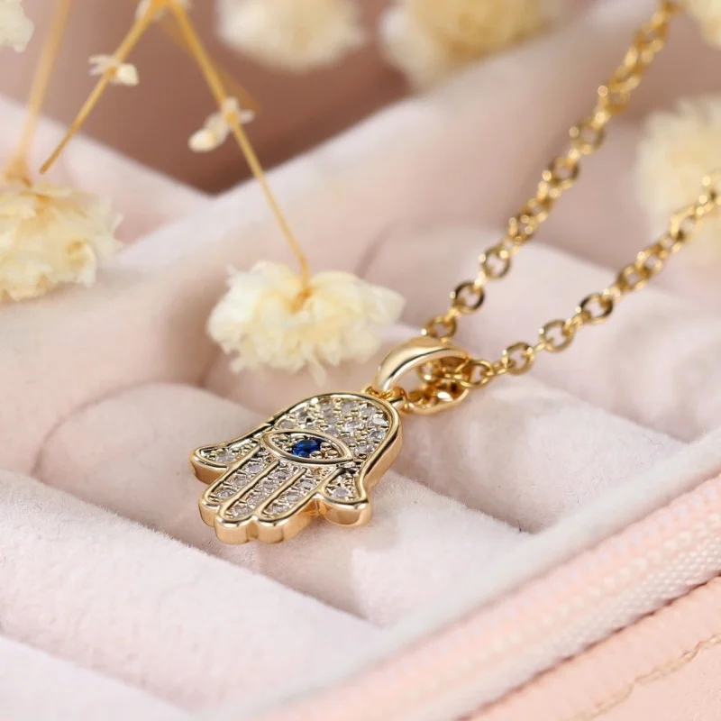 Evil Eye & Hand Pendant Necklace and Earrings Set Cool Party Gift for Her Women Trendy Zircon Crystal Necklace Stud Earrings