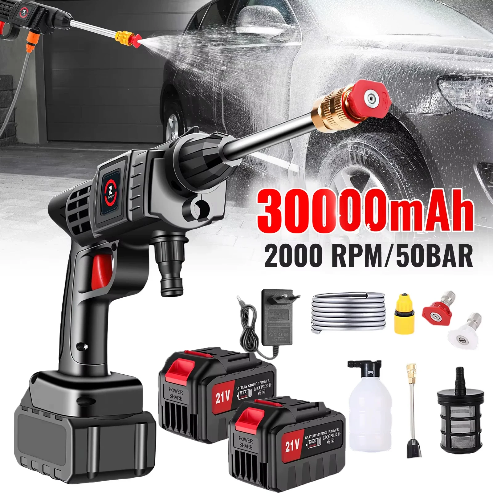 Cordless High Pressure Cleaner Water Gun Max 70BAR 30000mah Foam Spray Generator Car Washing Machine for Home Car Cleaning Tools