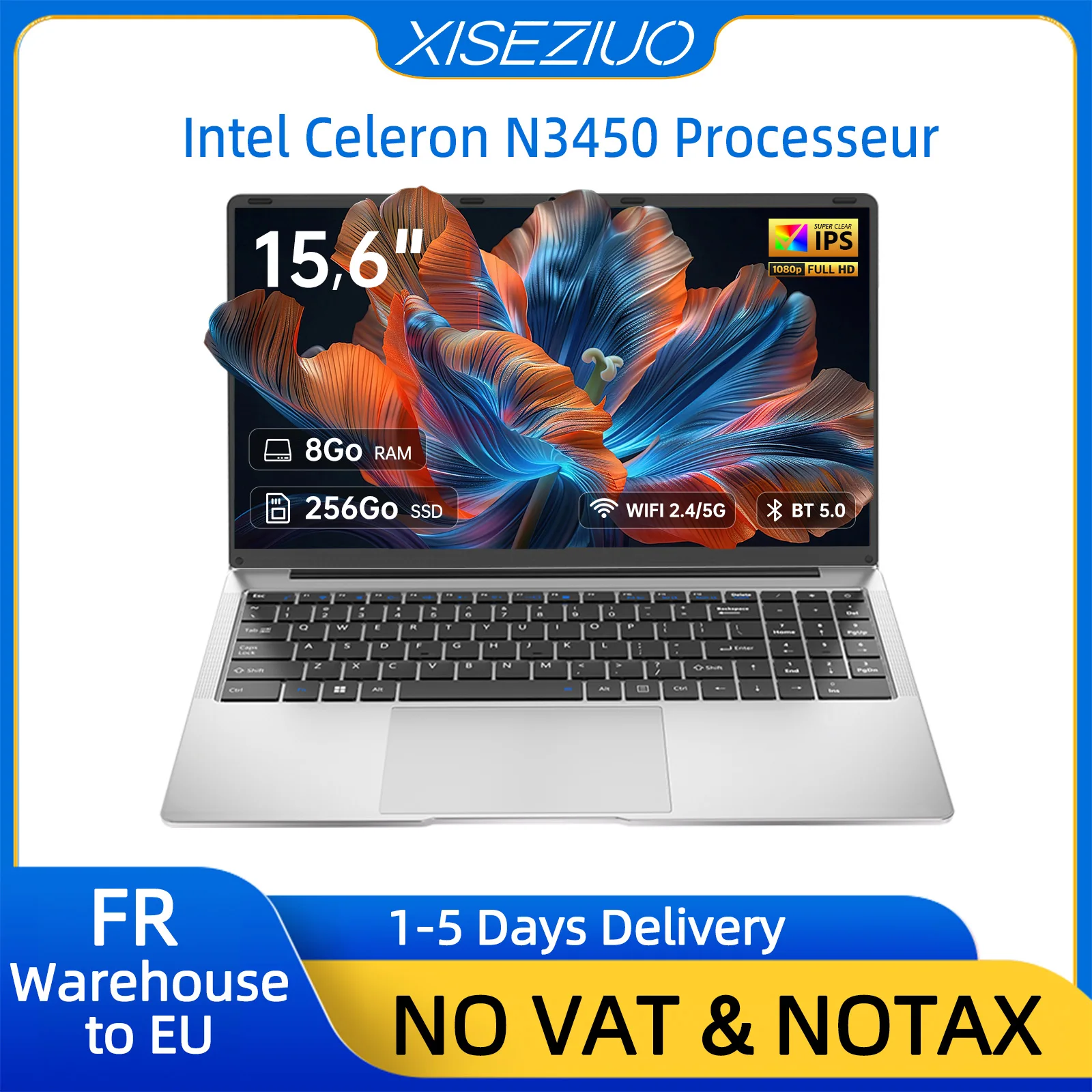 Ordinateur Portable 15.6 INCH  8 Go RAM 256 Go SSD Celeron N N3450 CPU PC Portable Étudiant FHD IPS avec Wi-FI 5 Bluetooth 5.0