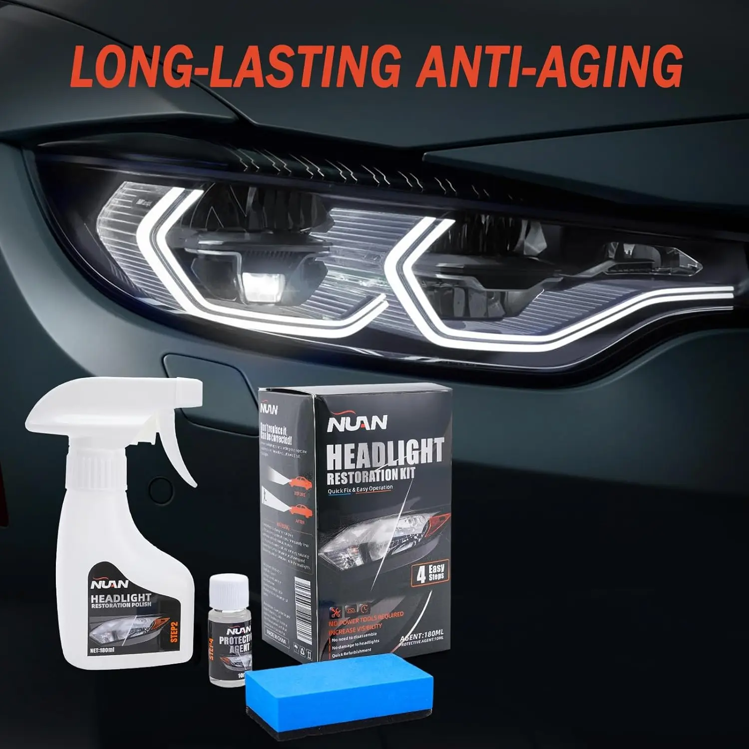 NUAN Automotive Headlight Restoration Kit - Refurbishing Fluid & Polishing Cleaner for Oxidized, Yellowed Headlamps, Enhanced Hydrophobic Coating for Superior Gloss & Protection on All Vehicles