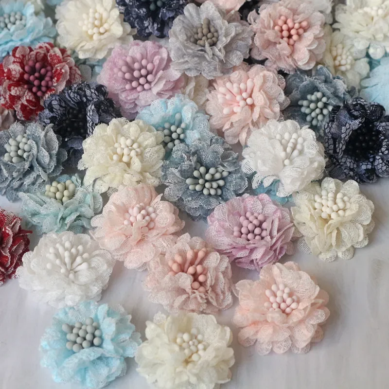 10 sztuk/partia 3CM Mix kolorów mała koronkowa tkanina sztuczne kwiaty na opaska do włosów spinka do włosów DIY sukienka buty dekoracja odzieży — zdjęcie 2