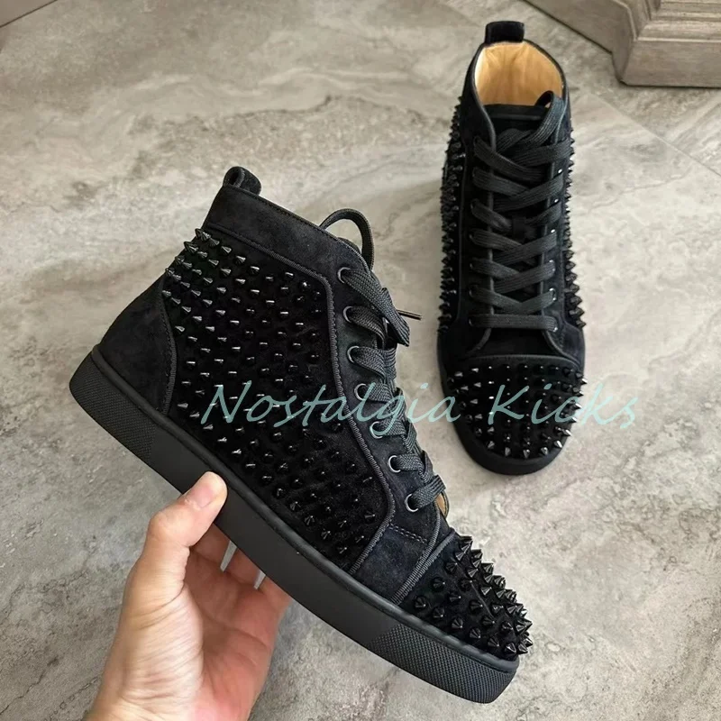

2025 Punk Black Suede Spiked Gothic High-Top Shoes Men's Lace Up Leisure Sneakers Full Metal Studs Couple Flat Running Shoes