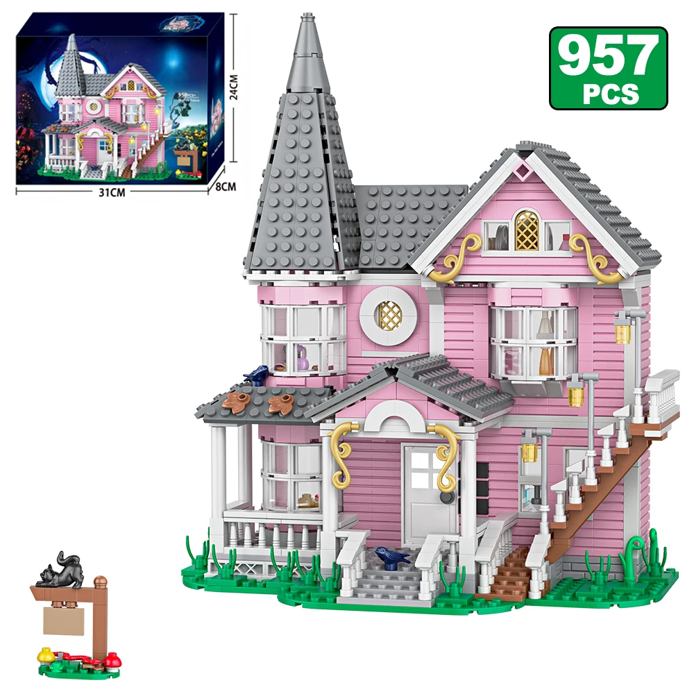 958 stuks City Street View-serie Roze Kasteel Appartementen Model Bouwstenen MOC Kitten Windmolen Stenen Creatief Speelgoed DIY Cadeaus