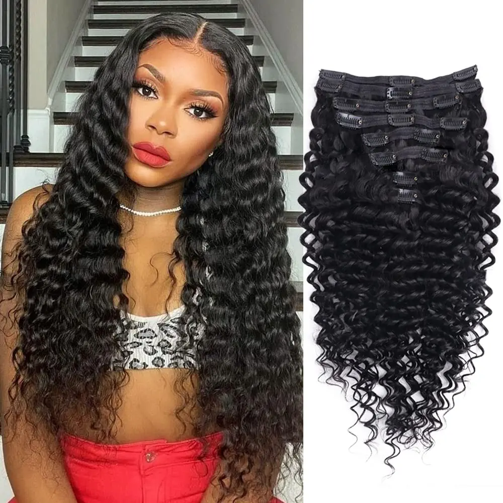 

Deep Wave Clip in Hair Extensions Real Human Hair Brazilian Virgin Human Hair Clip in Extensions Remy Hair with Natural Black