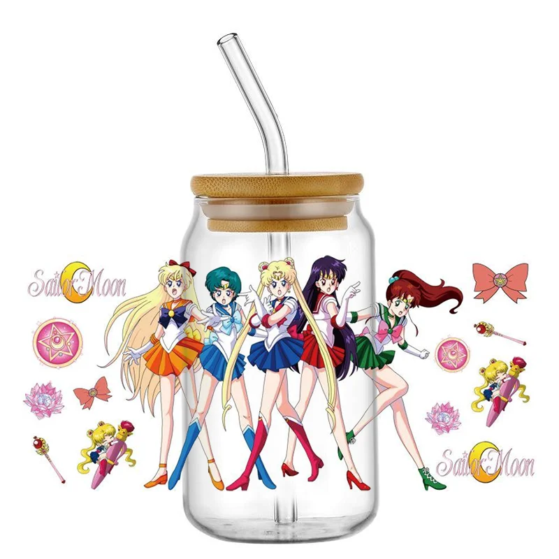 Miniso New SAILOR MOON serie giapponese decalcomanie fai da te trasferimenti 3D adesivi in cristallo uvdtf 16oz uv dtf cup wraps per occhiali Libbey