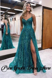 Exquisite A-line Spaghetti Straps Lace Sleeveless Prom Dress With Slit Elegant Evening Dresses Mermaid Long Formal Occasion Gown