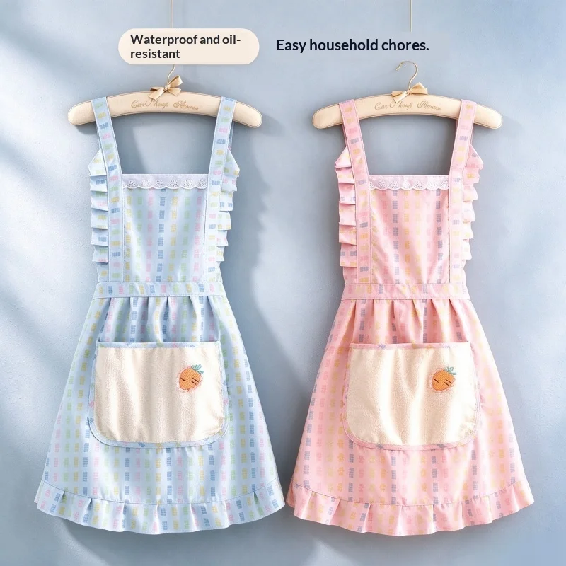 Women Cute Kitchen Apron, Breathable Cotton Apron with Hand Wipe Pocket, Ruffle Princess Style Adjustable Strap  Apron for Home