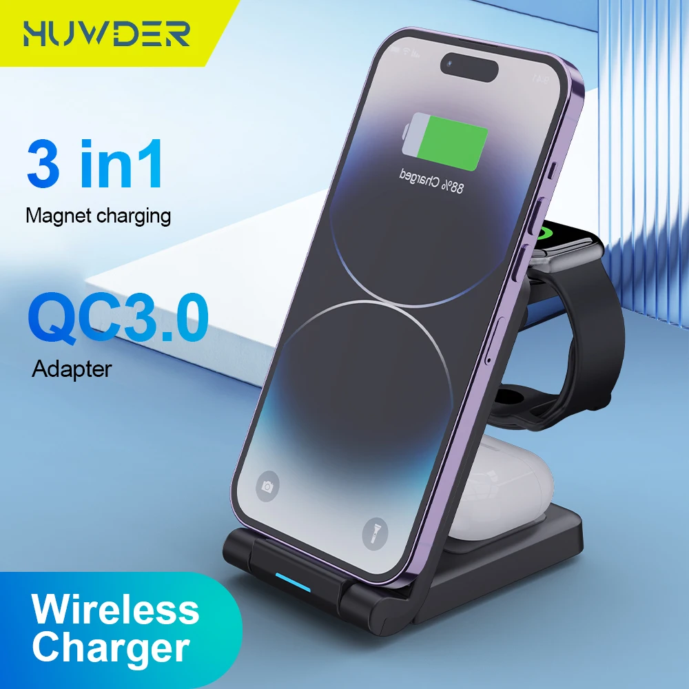 3 in1 Magnetic Wireless Charger Stand QC3.0 Adapter for iPhone 15 14 Apple Watch 8 7 Airpods Pro Foldable Fast Charging Station