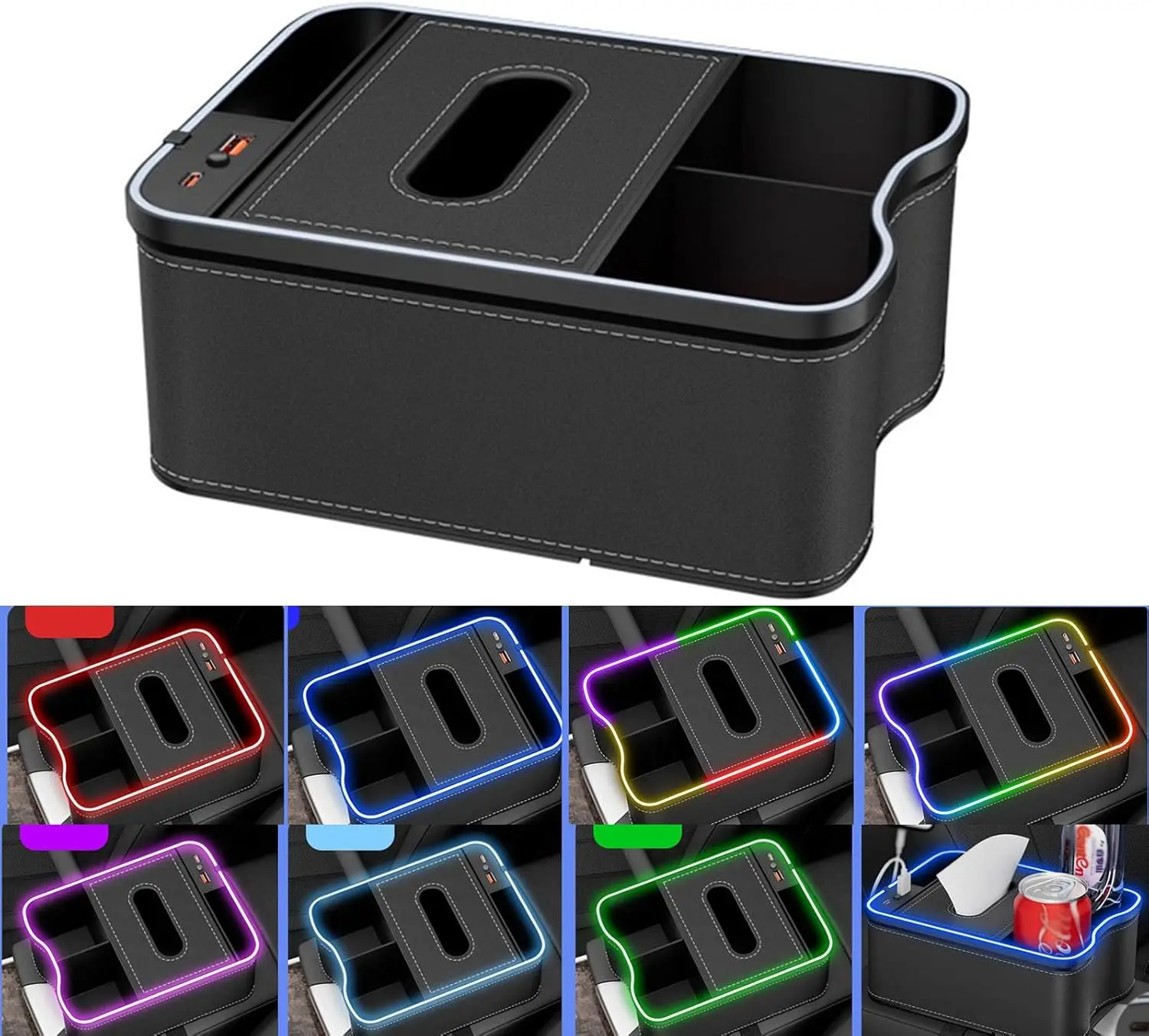 تخزين مسند ذراع السيارة، وحدة تخزين مركزية عالمية، إضاءة محيطة LED بسبعة ألوان، حامل أكواب شحن سريع للسيارة