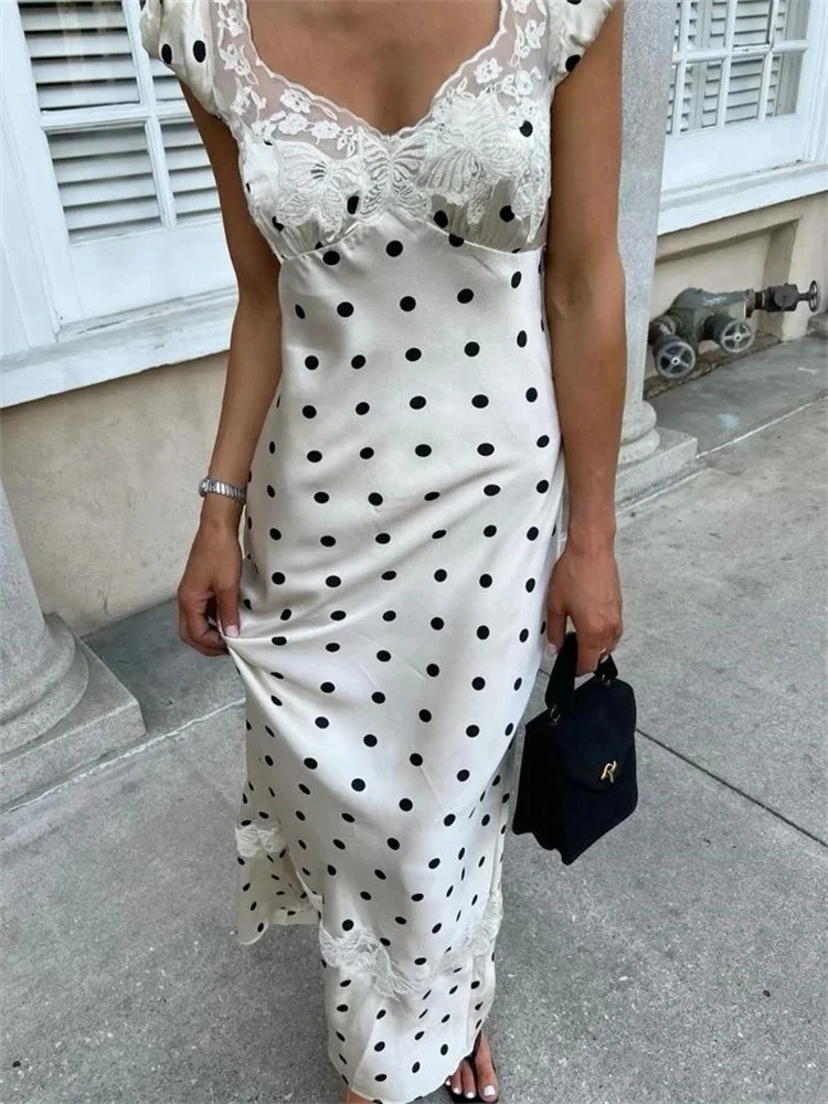 Absobe Französische Spitze Patchwork Satin Polka Dot A-Linie Maxikleid für Frauen Elegantes rückenfreies langes Kleid Schickes Geburtstagsparty-Outfit