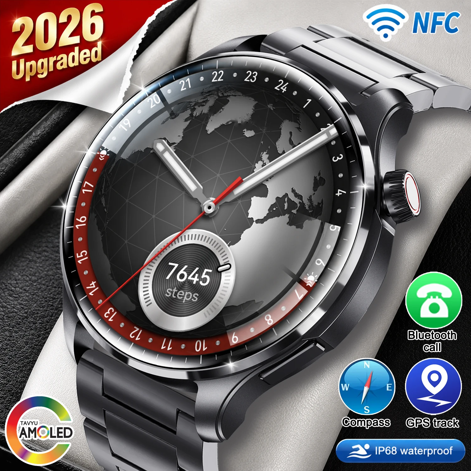 2026 Neue Watch 6 Pro Smartwatch für Herren GPS-Tracking NFC HD AMOLED-Bildschirm Kompass Bluetooth-Anruf IP68 Wasserdicht Sport-Smartarmband
