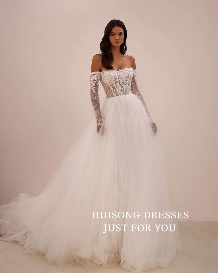 

HUISONG Customized suknia ślubna Boho Wedding Dresses Lace Appliques Long Sleeves Off Shoulder A-Line Bridal Gown robe de mariée