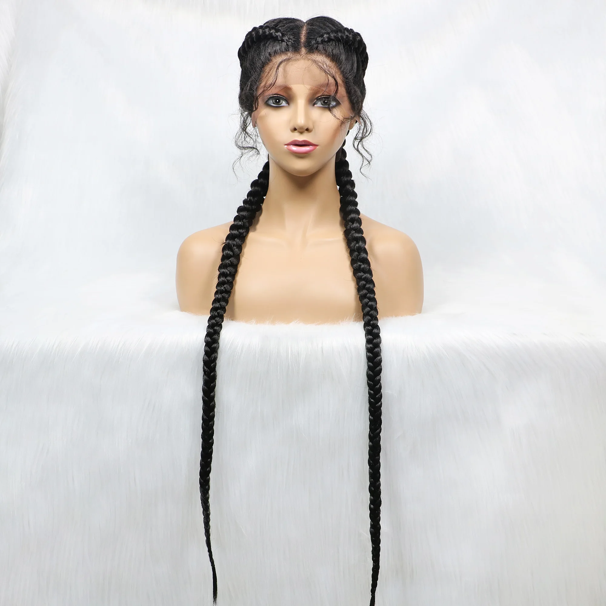 36 Inches Long Lace Front Synthetic Braided Wigs Lace Front Dutch Twins Braids Wig With Baby Hair for Black Women