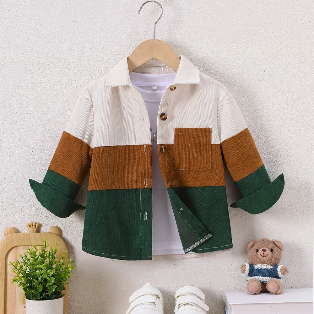 Kid Boys' Color Shirt Loose Fit Button-Up with Pockets Long Sleeve Blouse For Baby Boys Clothes Machine Washable For Spring/Fall