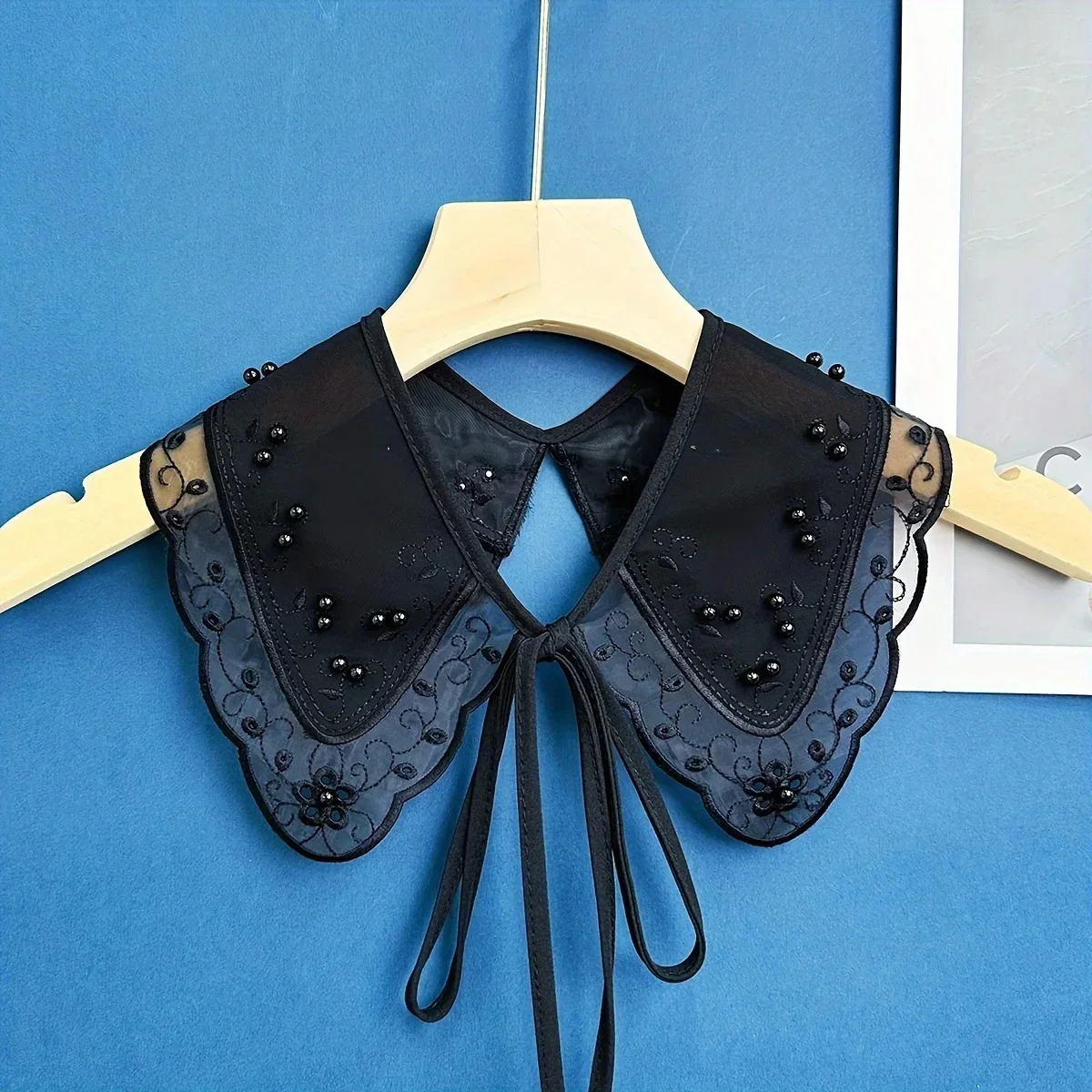 Nouveau châle décoratif de perles brodées en organza avec petit col noir et blanc, cravate de perles à ongles, style polyvalent, faux col