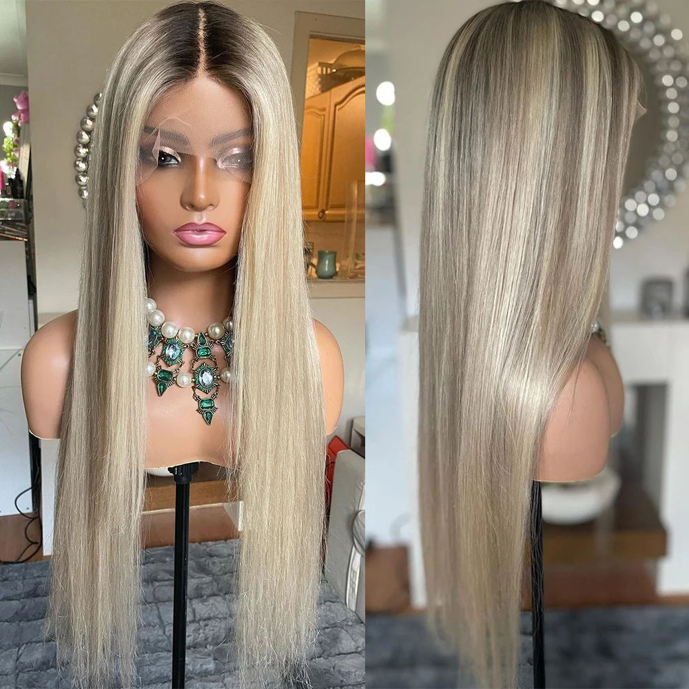 

Balayage Light Blonde Full Lace Wig Premium Virgin Human Hair Wig Melting Roots Creamy Blonde Ombré Straight Lace Front Wig HD