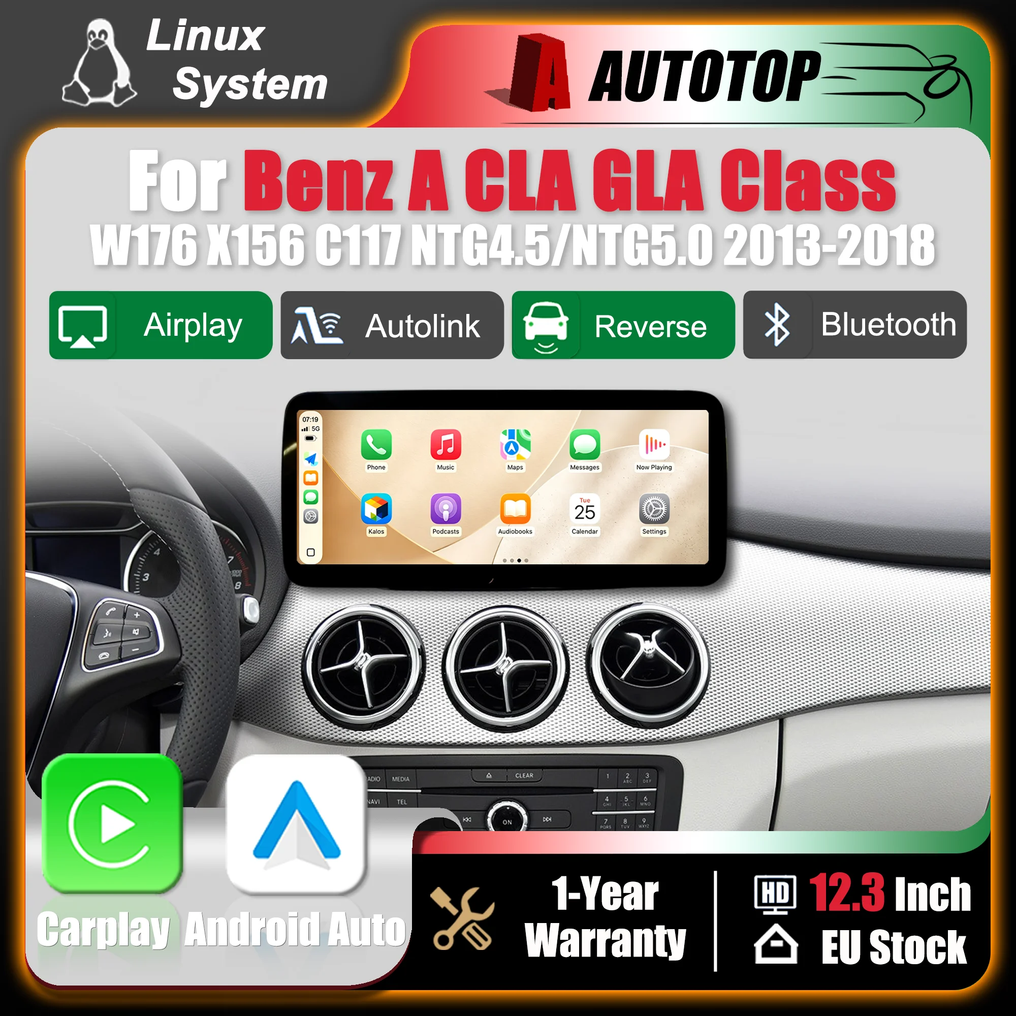 12.3" Inch Linux System Multimedia Screen Wireless CarPlay Android Auto For Benz CLA GLA A Class W176 C117 2013-2018 NTG4.5 NTG5.0 Car Radio Bluetooth GPS