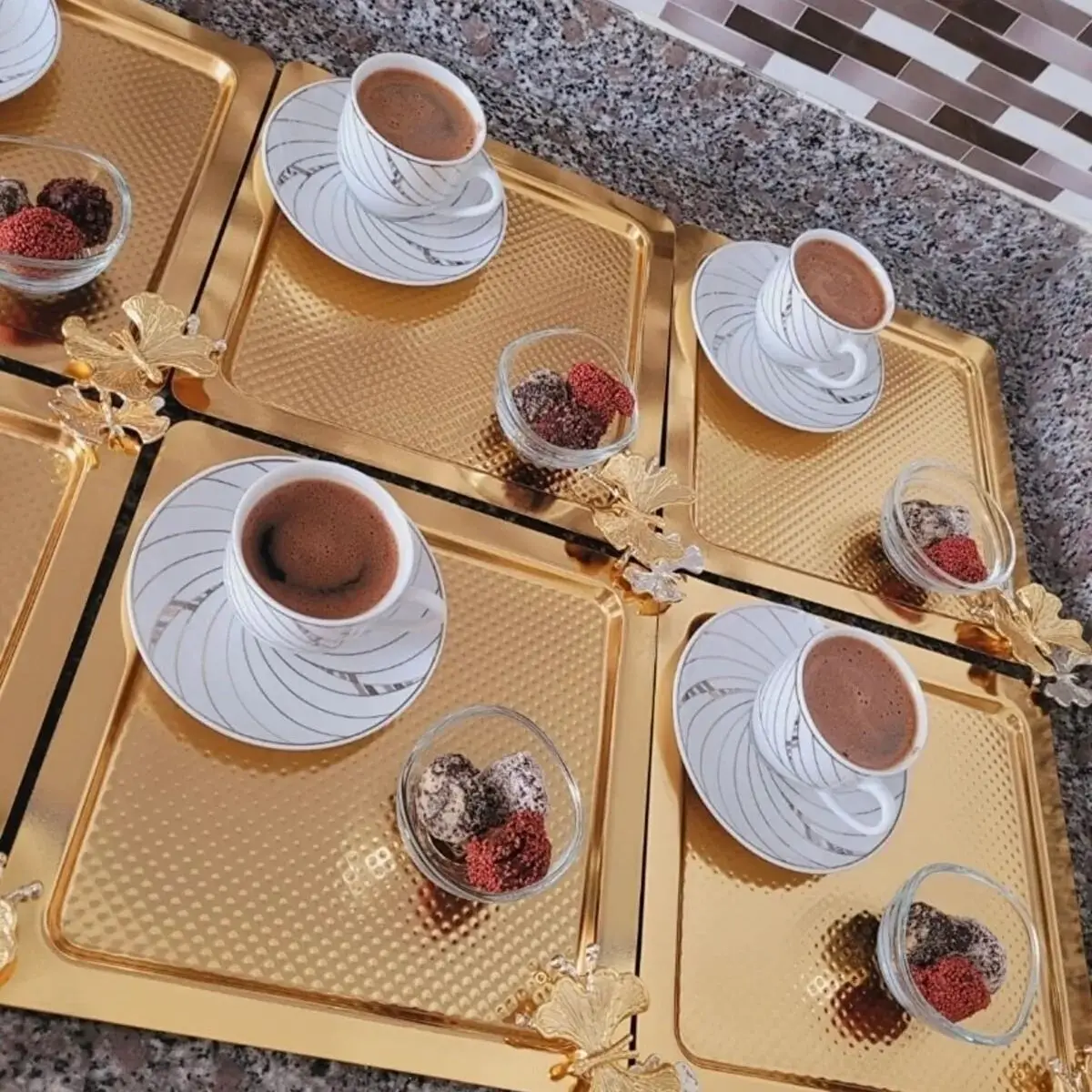 

6 Pieces Butterfly Decorative Square Trays, Tea, Coffee, Dessert, Cake Serving Trays 22cm Authentic Metal Handmade Elegand