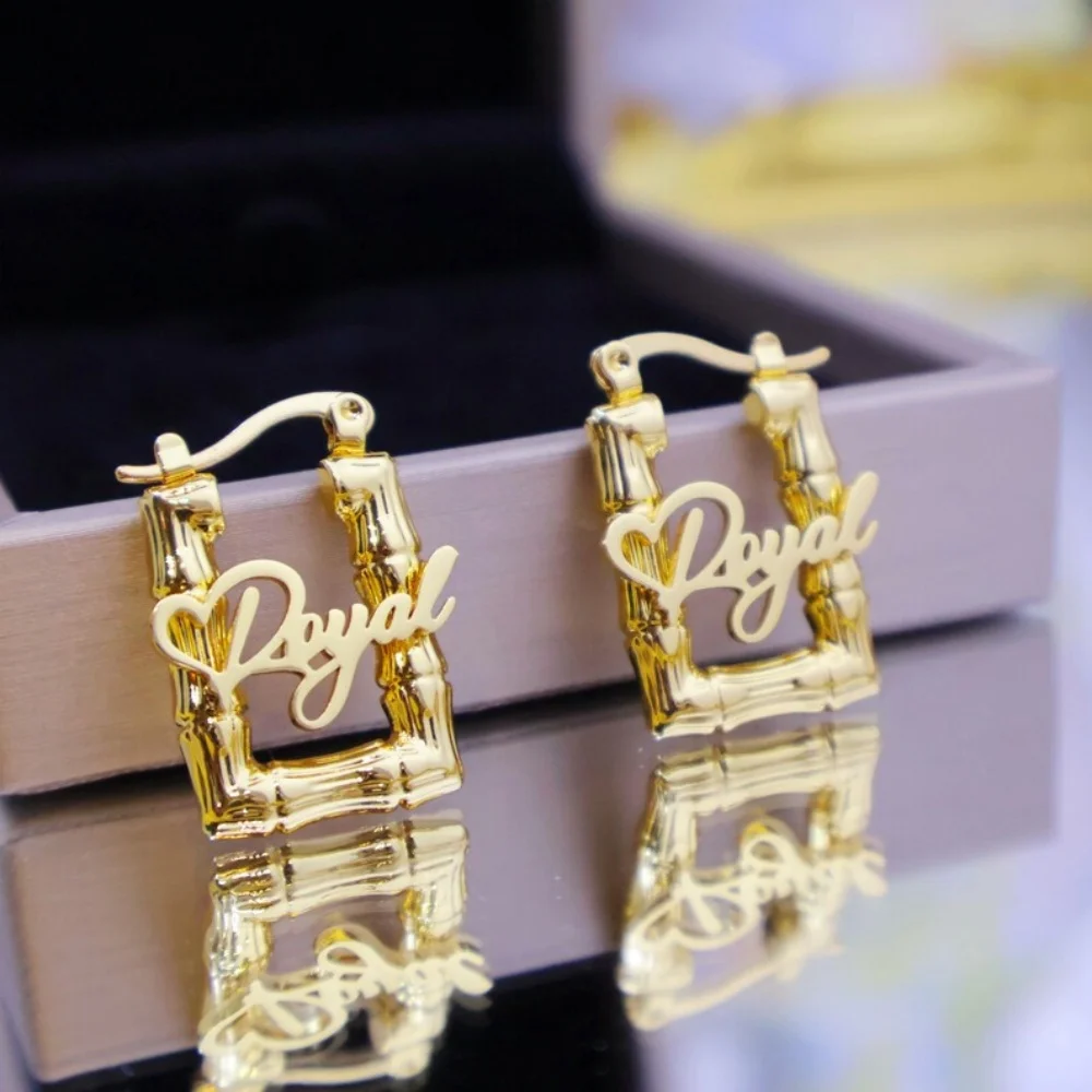 LeeChee 17mm Rectangle Bamboo Mini Hoop Custom Name Earrings Personalized Girl's Hoop Gift