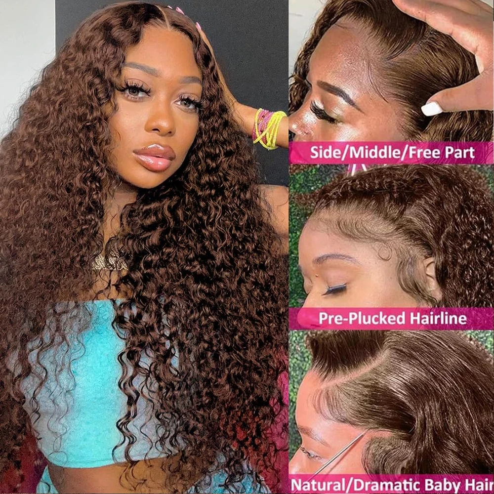 13x4 Chocolate Brown Colored Lace Front Wig Deep wave Frontal Wigs 30 Inch Hd Transparent Lace Front Wigs Curly Human Hair Wig