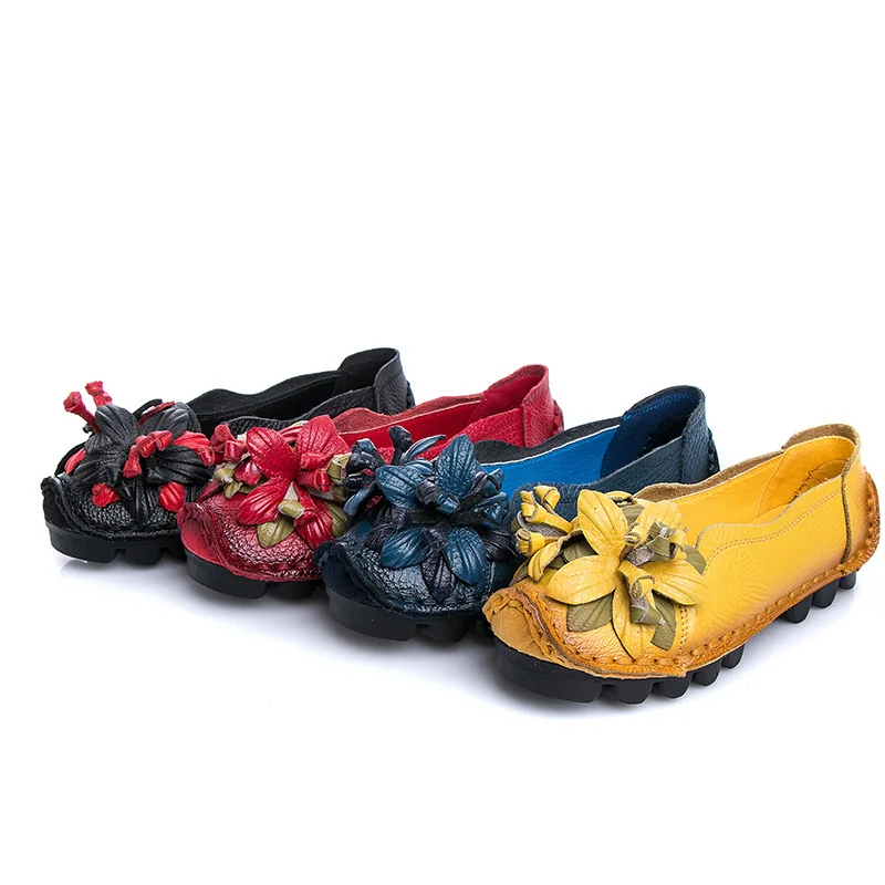 Chic Vintage Floral Ballet Flats Women\'s Shoes Big Size 42 Woman Genuine Leather Loafers Thick Cushion Lug Sole Drive Moccasins