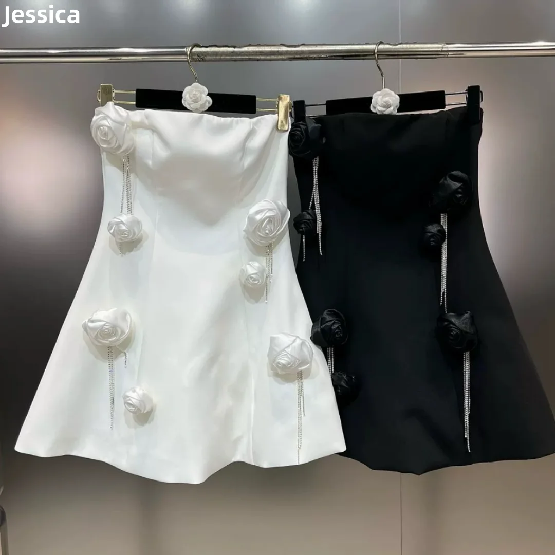 

Jessica Short Mini White Evening Dresses Handmade Beaded Flowers Prom Dresses Off-shoulder PrincessVestidos De Fiesta Customized