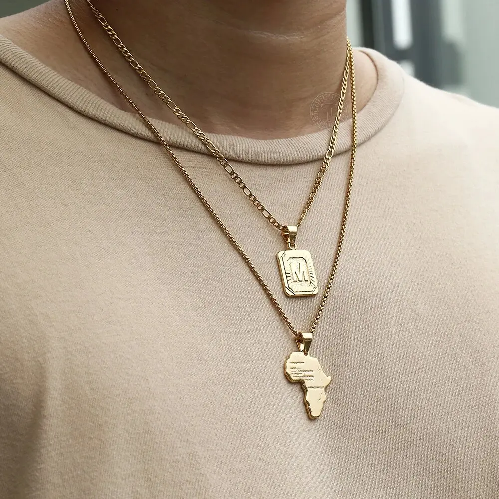 2 Sets Gold Color Letter Pendant Figaro Necklace Africa Map Pendant Box Chain Stainless Steel Link Fashion Jewelry