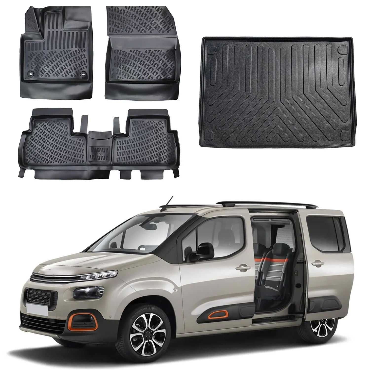 Floor Mats + Cargo Trunk Liner Fits Citroen Berlingo 2019-2024 Set - All Weather Maximum Coverage - Water Resistance