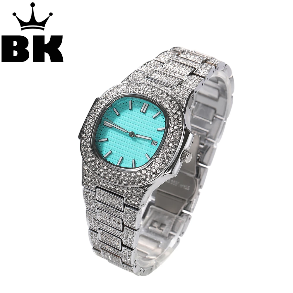 THE BLING KING Luxury Classic Pale Blue Dial 38mm Fashion Watch For Women Automatic Quartz Wrist Watch Rhinestone Iced Out