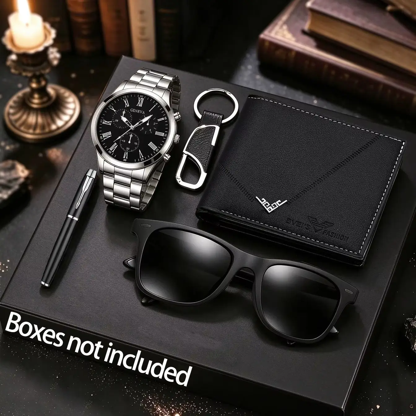 5-Piece Set of Men's Fashionable Casual Roman Numeral Quartz Watches with a Matching Set of Accessories Including Wallets, Glasses, Etc., Suitable for Parties, Birthdays, and Other Occasions, the Best Gift Choice.