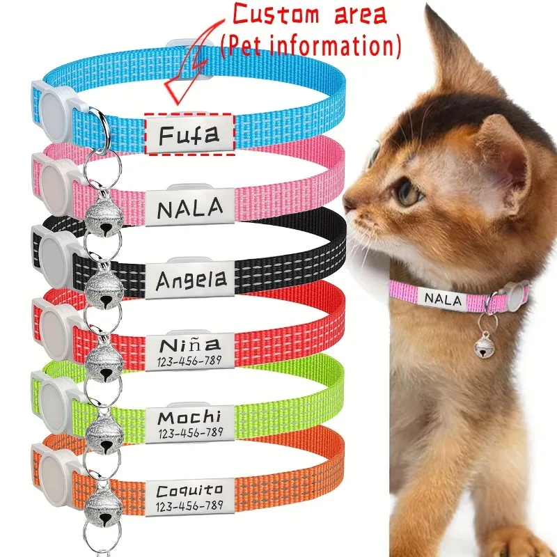 Personalized Cat Collar with Bell Safety Buckle Customized Nametag Puppy Kitten Necklace Free Engraved Name ID Tag Nameplate