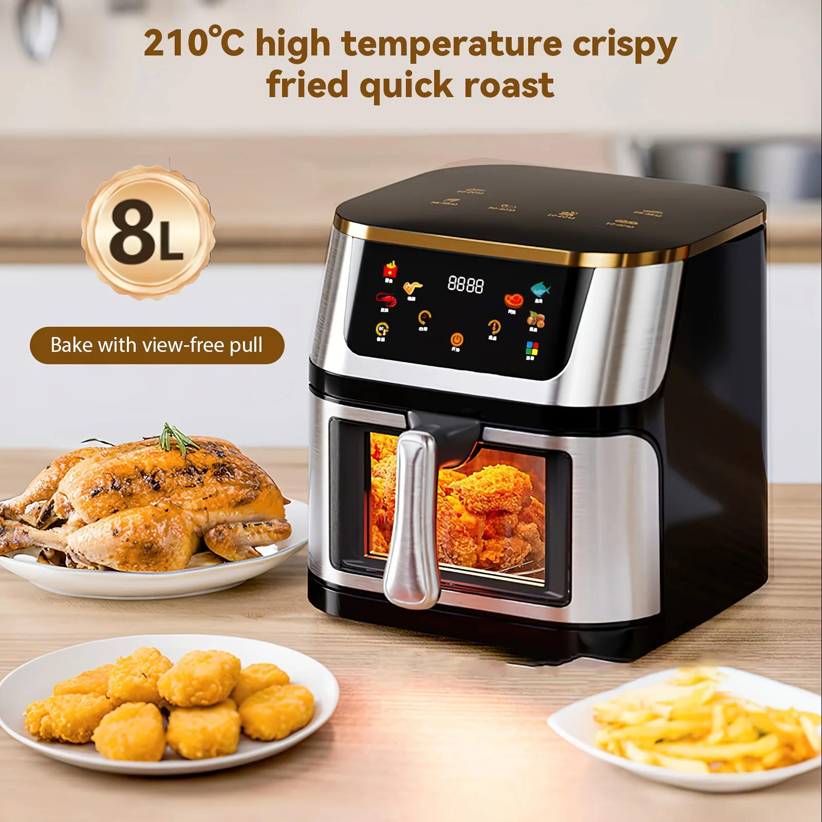 Freidora de Aire Eléctrica de Gran Capacidad Visible de 8L, Horno de Aire Multifunción, Pantalla Táctil LED, 210 °   Alta Temperatura