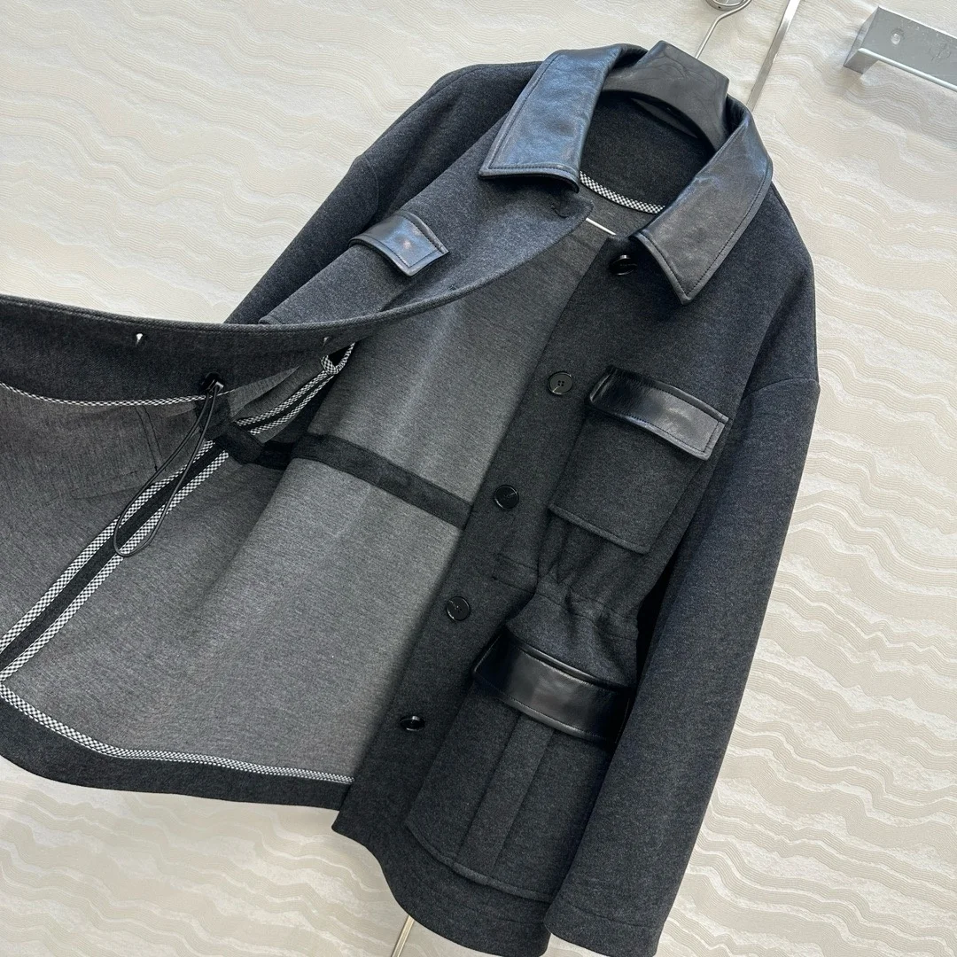 سترات كلاسيكية من الجلد الطبيعي للنساء لخريف وشتاء الراقية بسيطة واحدة الصدر معطف من نسيج الكشمير النحيف