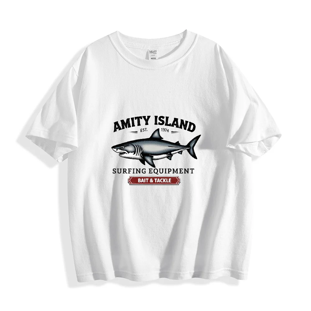 Sommertrendartikel für Damen, Shark & Island aus reiner Baumwolle – bedrucktes T-Shirt, Coole Atmosphäre zum Mitnehmen für den täglichen Gebrauch