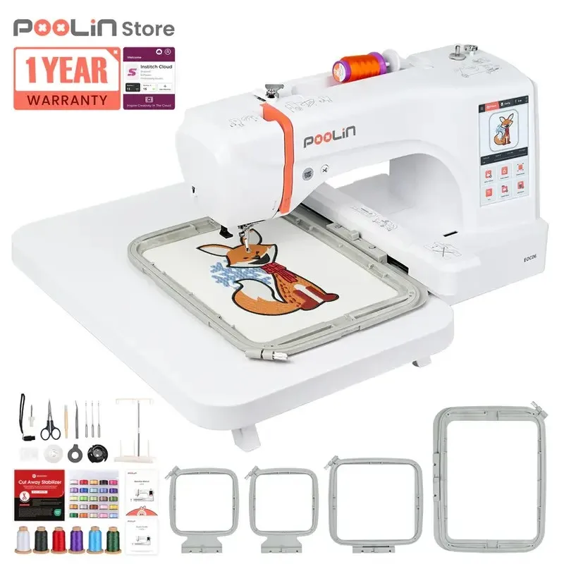 PooLin EOC06 Embroidery Machine,11"x7.9",7.9"x7.9",5.5"x5.5" Embroidery Area,Computerized Embroidery Machine for Beginners Gifts,7" Touchscreen,200 Built-in Designs,USB & Wireless