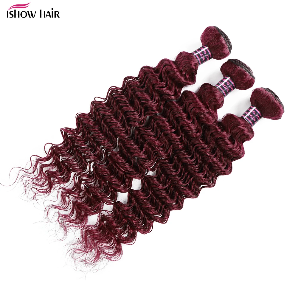 99J Deep Wave Bundles Burgundy Colored Human Hair Extensions 8-30 Inch For Women Brazilian Remy Human Hair Weave 1/3/4 Pieces