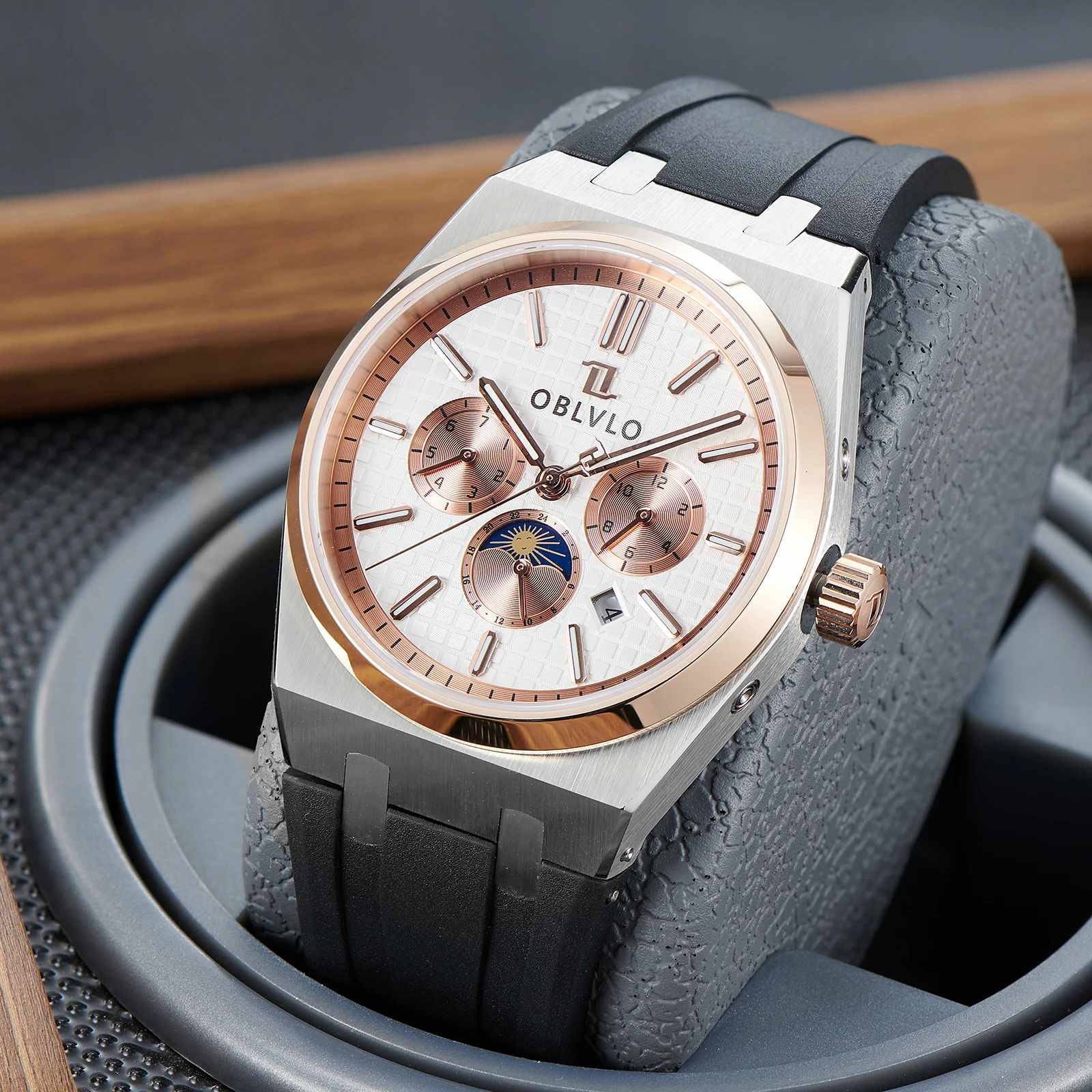 OBLVLO Luxury Multifunctional Mechanical Watches Moonphase Rubber Band Automatic Watch Luminous Waterproof Business Watch TM