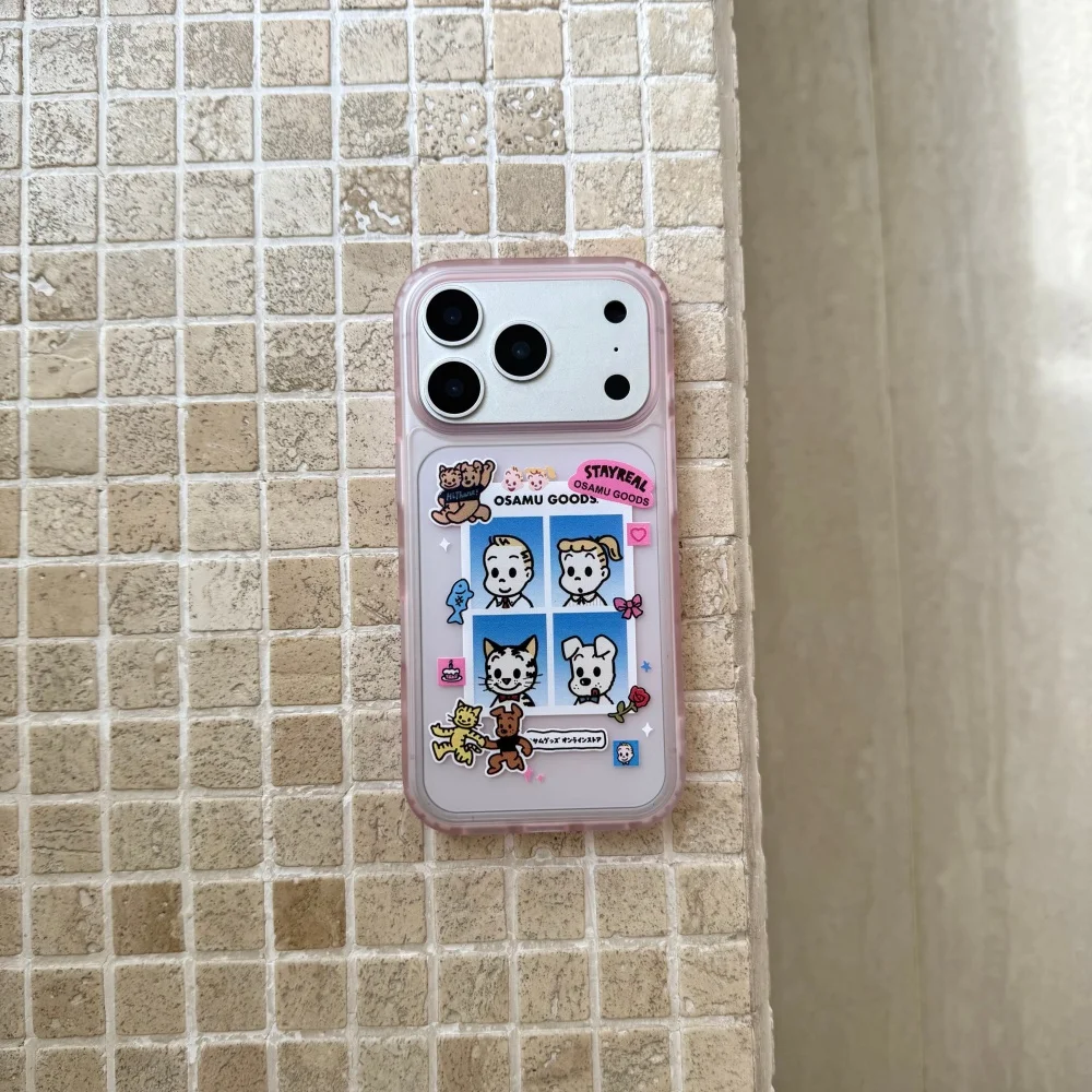 Korean INS Cartoon Sticker Phone Case for iPhone 17 Pro 15 16 17 Pro Max 15 16 Pro Fashion Cute Pink Transparent Shockproof Case