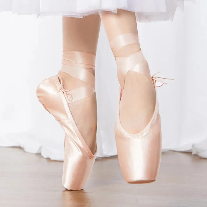 Professionelle Ballett-Spitzenschuhe mit echter Ledersohle, Damen-Ballettschuhe aus Satin mit Bändern für professionelle Ballerina
