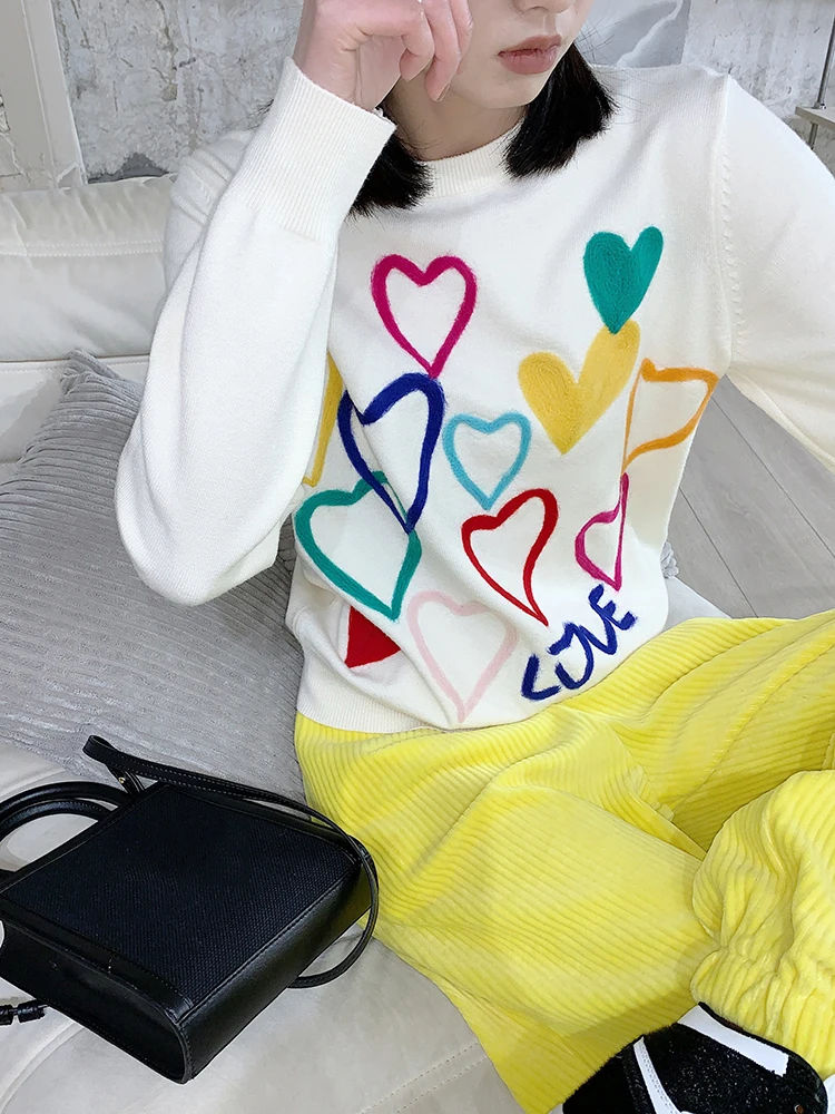 2024 Spring Women Lovely Sweater O-Neck Colorful Candy Color Heart Embroidery Knitwear Slim All-Match Pullover Femme C-066