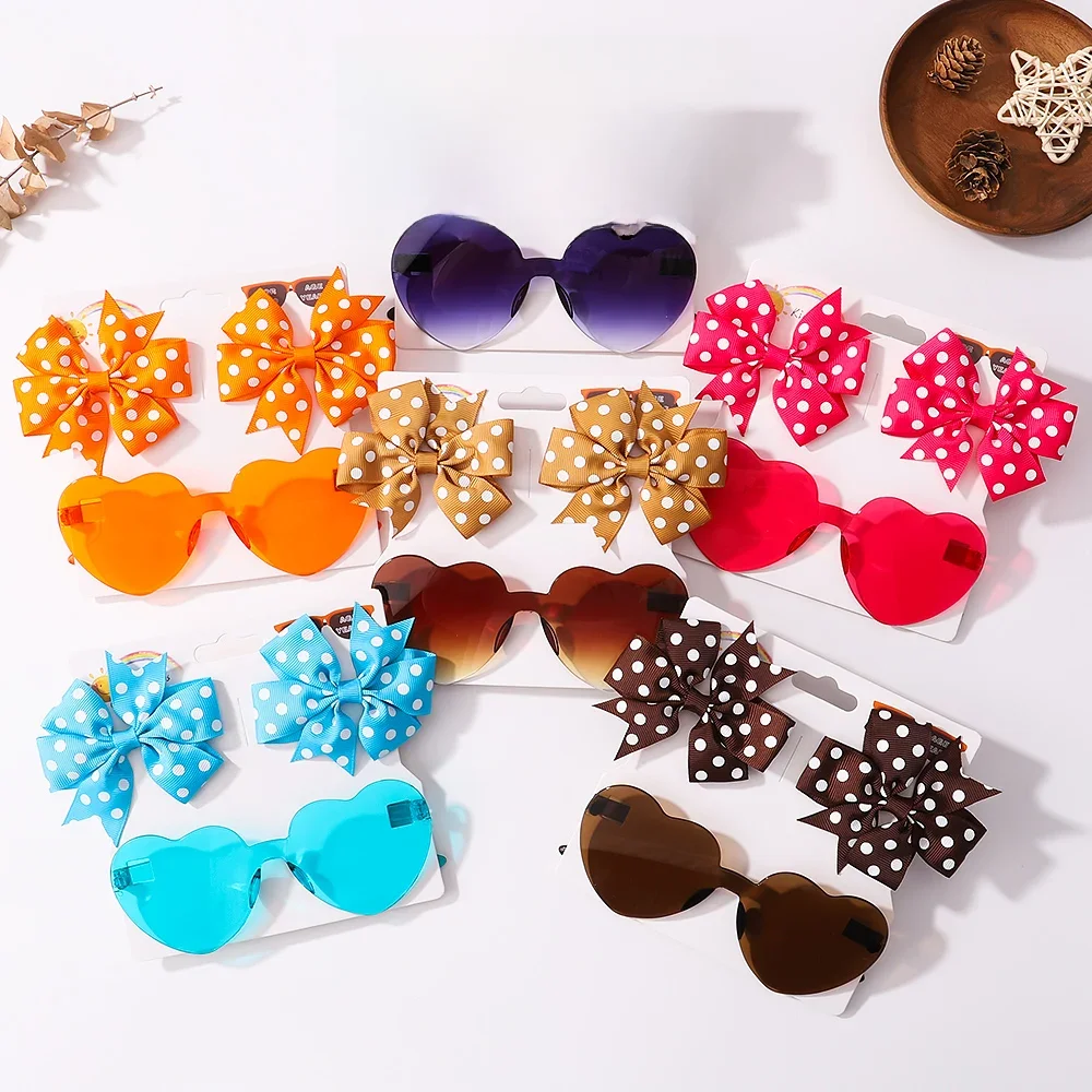 3 teile/satz Kinder niedlich feste Punkt Haarnadel bunte Herz Sonnenbrille Set Mädchen Boutique