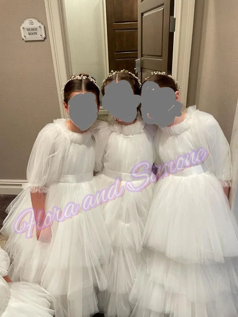 Vestido de dama de honor personalizado para niña, vestidos de primera comunión de tul plisado de color marfil para boda, fiesta de cumpleaños para niños