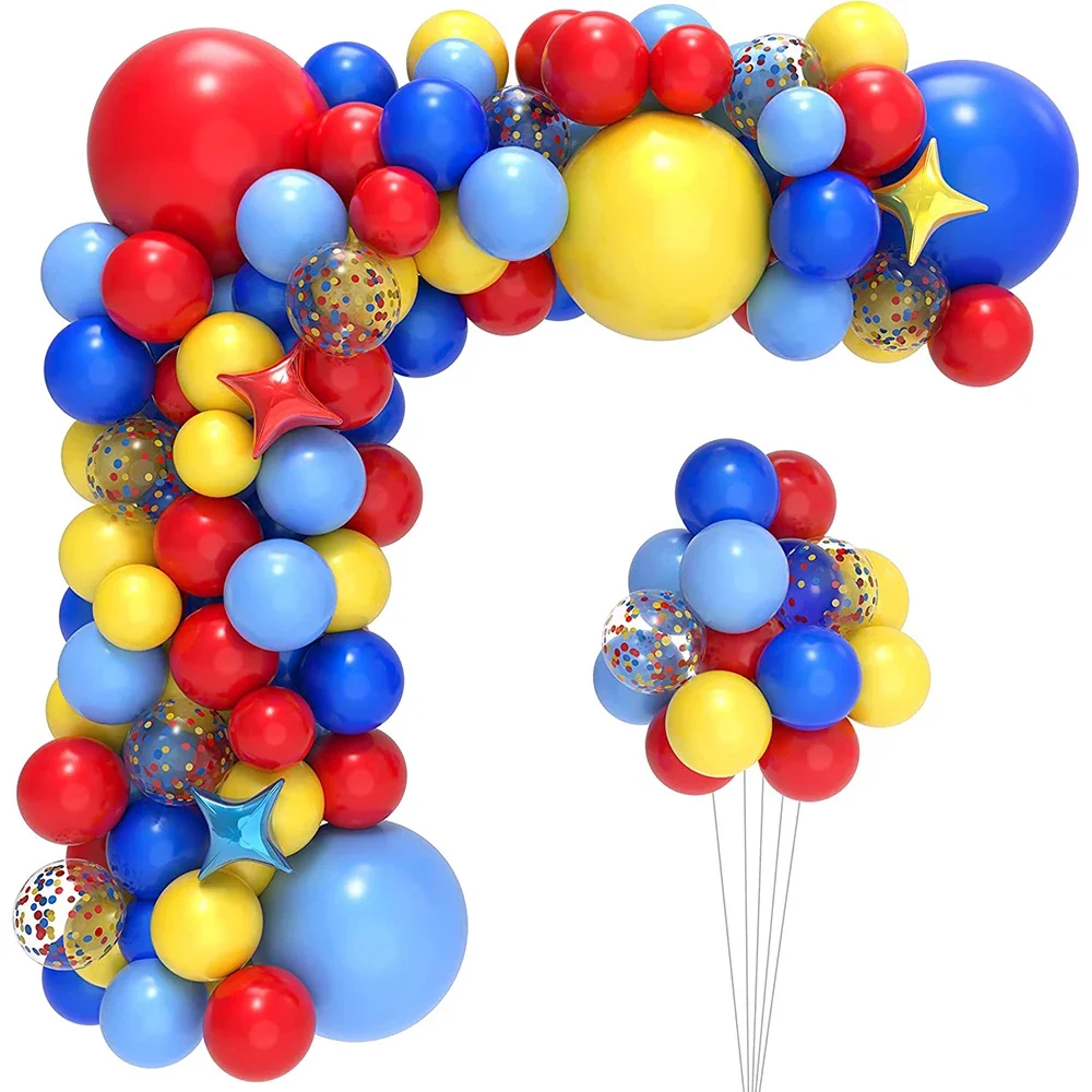 Kit de guirlande de ballons de cirque de carnaval, rouge, bleu, jaune, arc-en-ciel, confettis, arc-en-ciel, arc-en-ciel, feuille d'étoile, décor de fête d'anniversaire et de carnaval