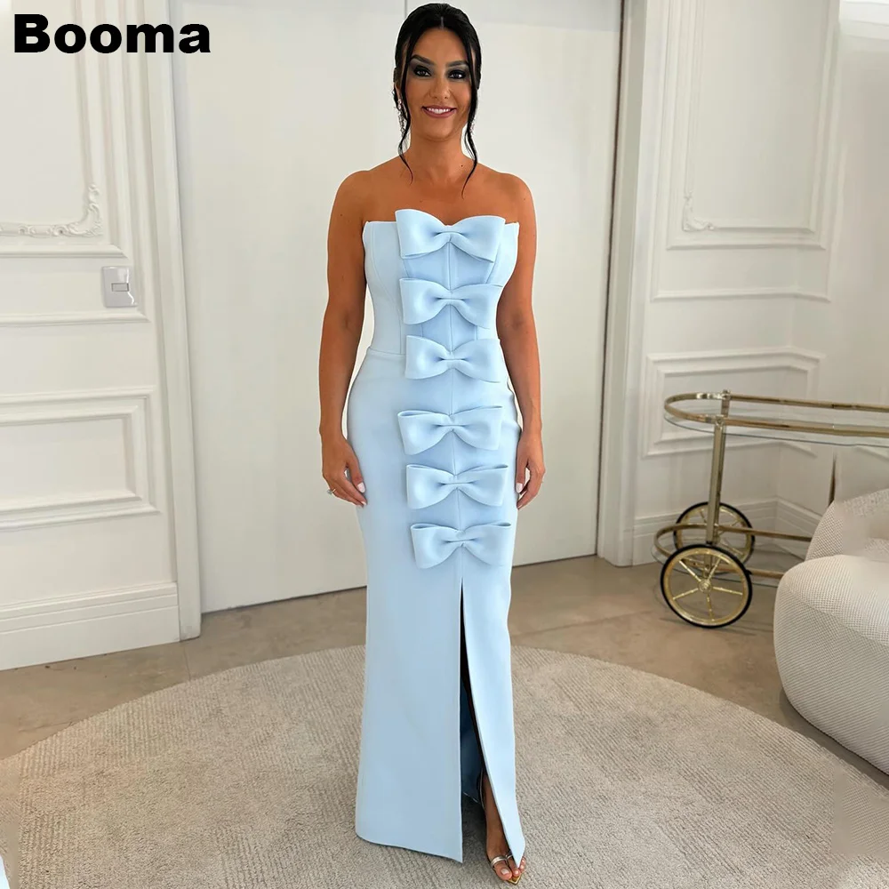 Booma Light Blue Mermaid Evening Dresses Strapless Sleeveless Formal Occasion Gowns with Bow Prom Dresses for Women Customized