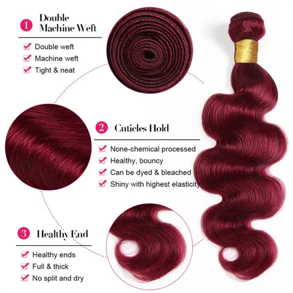 Borgonha Body Wave Bundles com Frontal Lace, 100% Extensão Do Cabelo Humano, Cabelo Colorido Tissage, 13x4 Lace, 99J