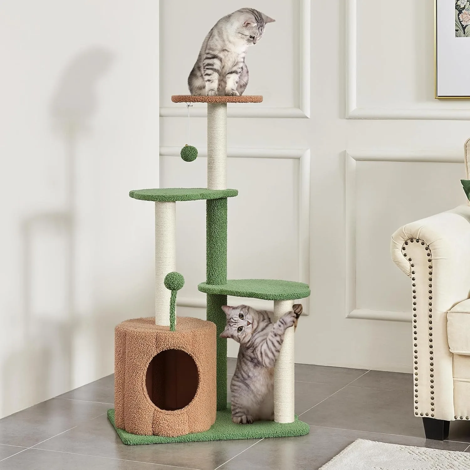 

42-дюймовая зеленая кошачья лежанка-когтеточка в форме кактуса с домиком-тыквой, многоуровневыми площадками, 3 когтеточками и игрушкой-мячиком для игр