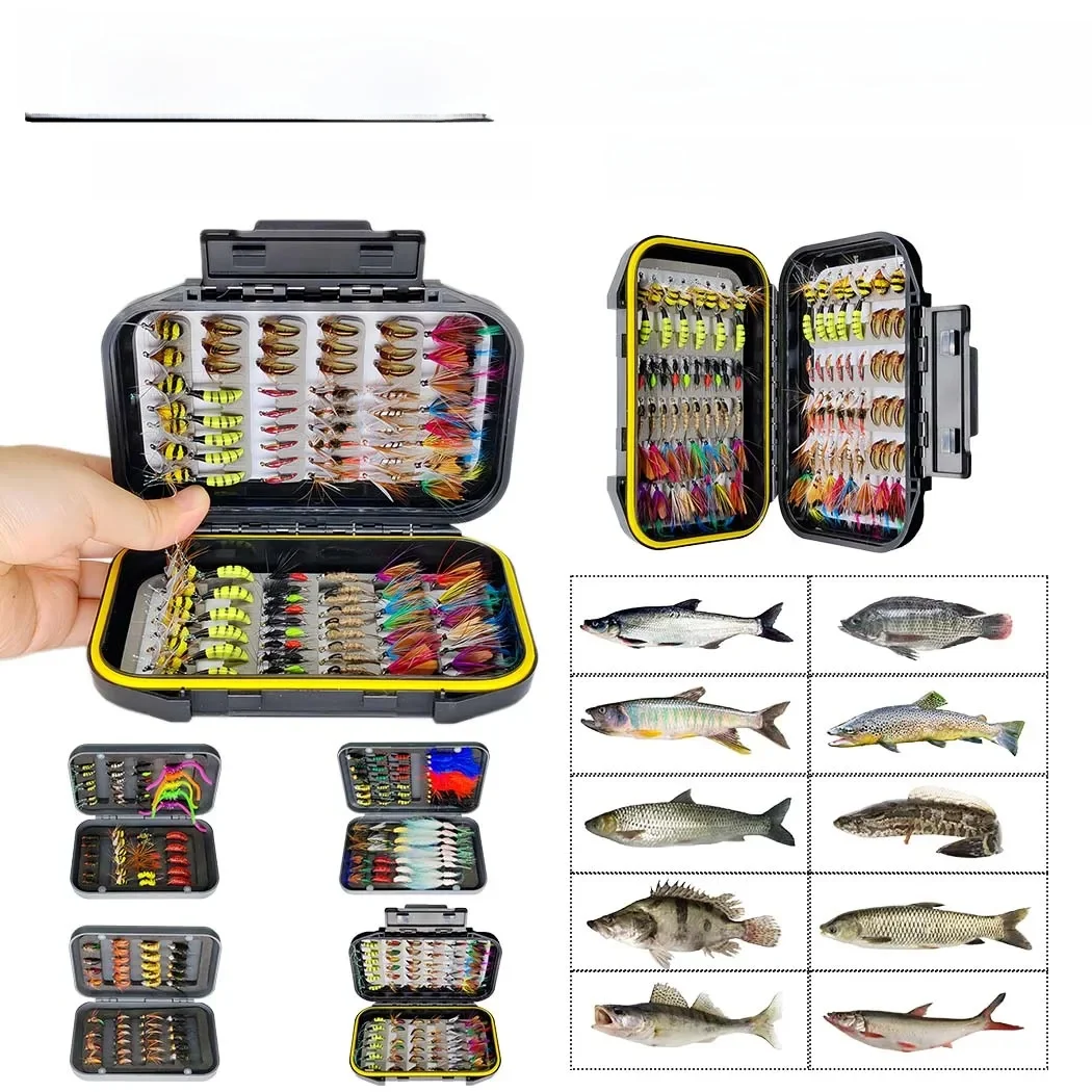 Kit de mouches de pêche à la mouche, 24 à 100 pièces, appâts artificiels pour la pêche à la mouche, leurres avec mouches sèches/humides, banderoles, assortiment de mouches, truite et bar