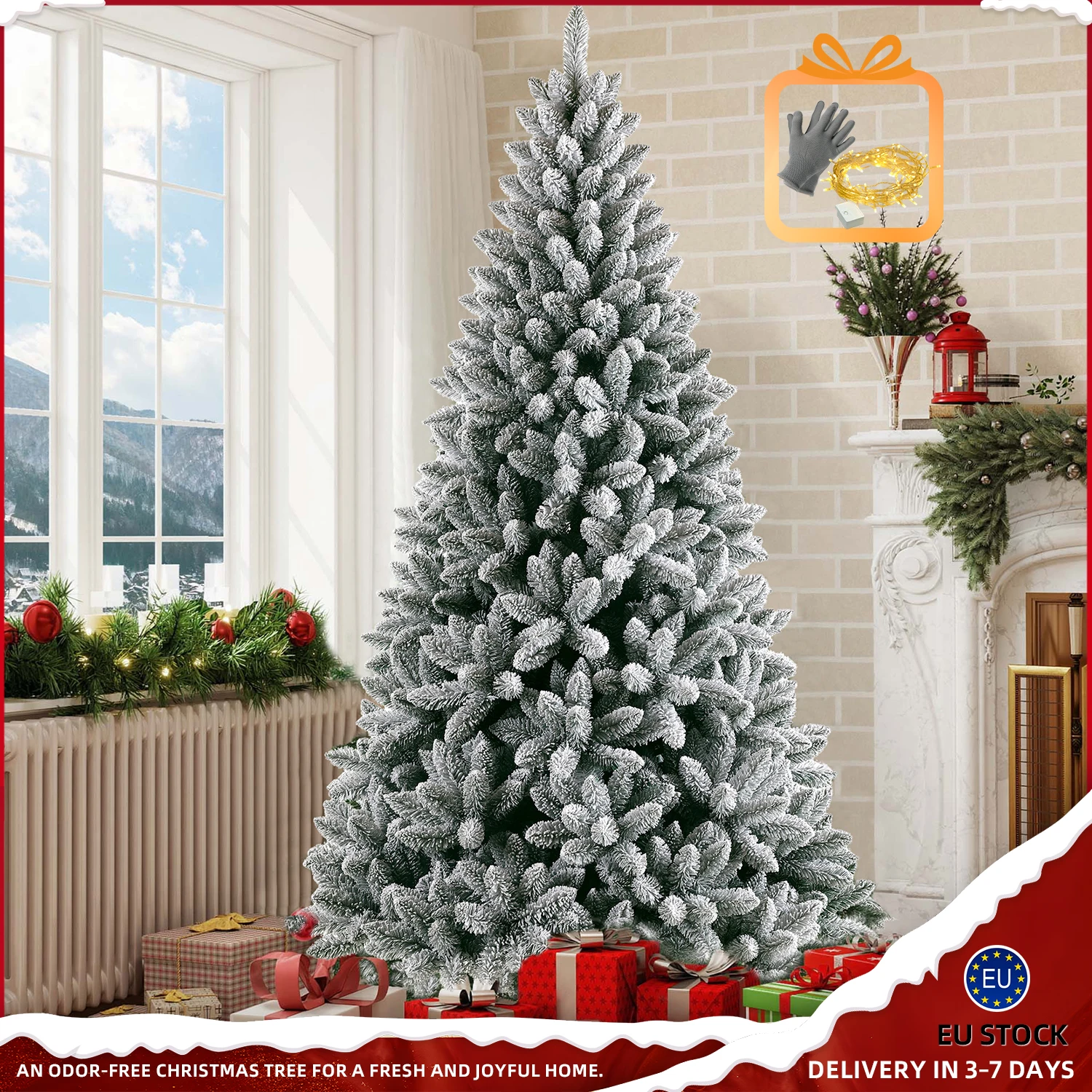 Arbre de neige blanc de noël artificiel en PVC, 180/210CM, avec pointes 989/1381, arbre sur support en métal, décoration de fête intérieure et extérieure du nouvel an